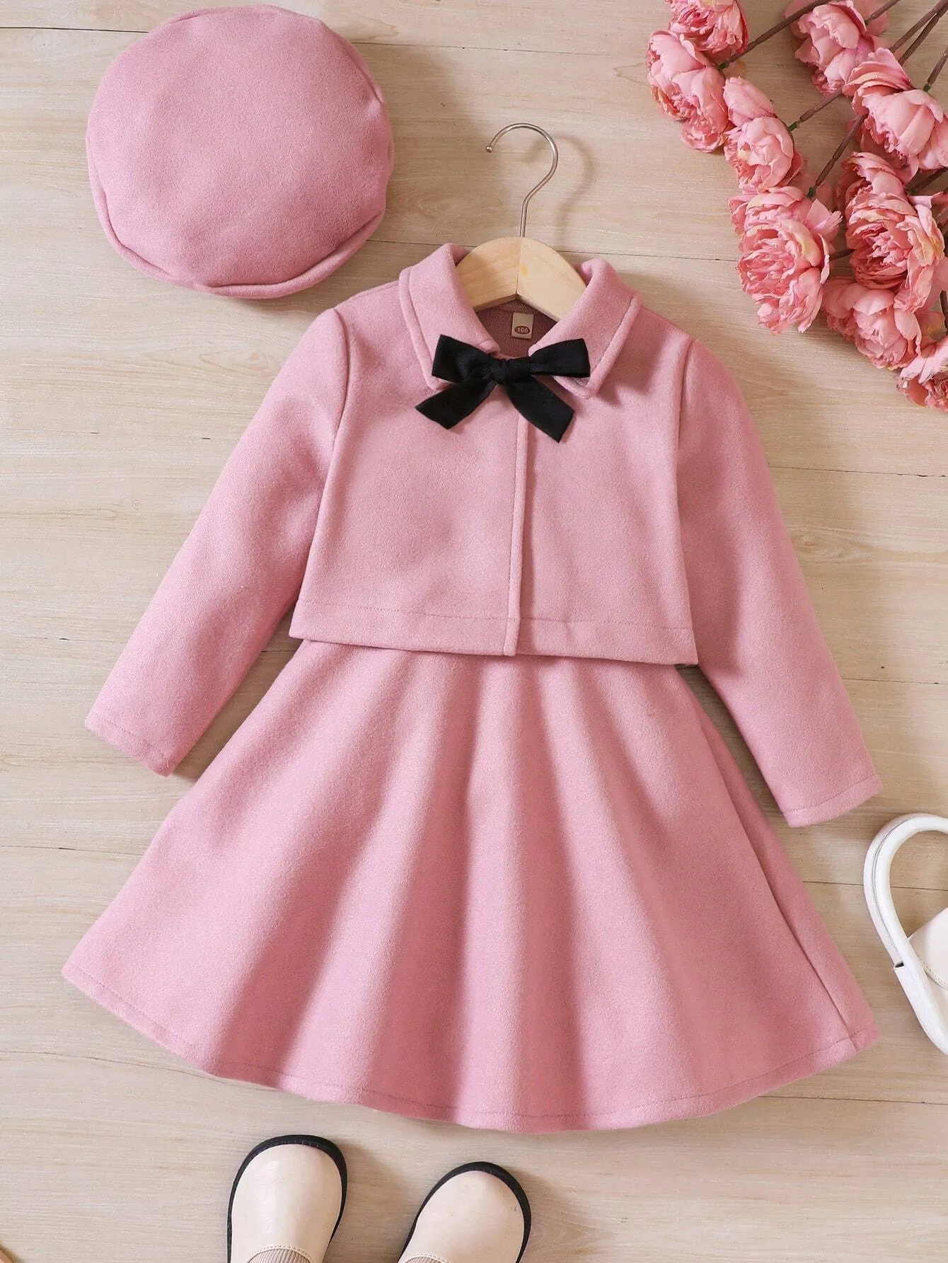 2pcs/Set Girls Woollen Short Jacket   Jumper Dress, Comes With Bow Beret Hat, Autumn/Winter