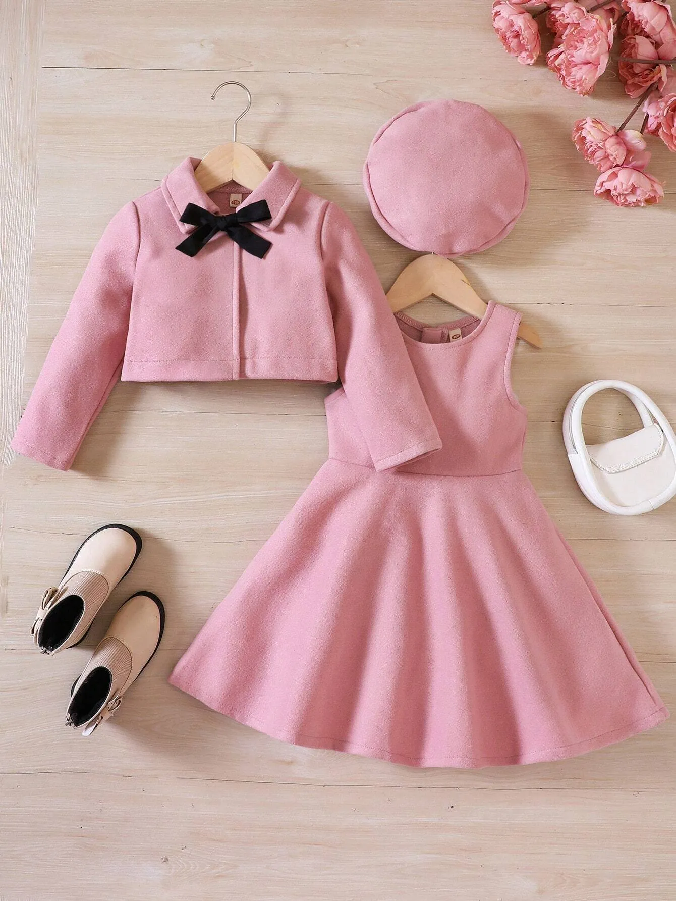 2pcs/Set Girls Woollen Short Jacket   Jumper Dress, Comes With Bow Beret Hat, Autumn/Winter