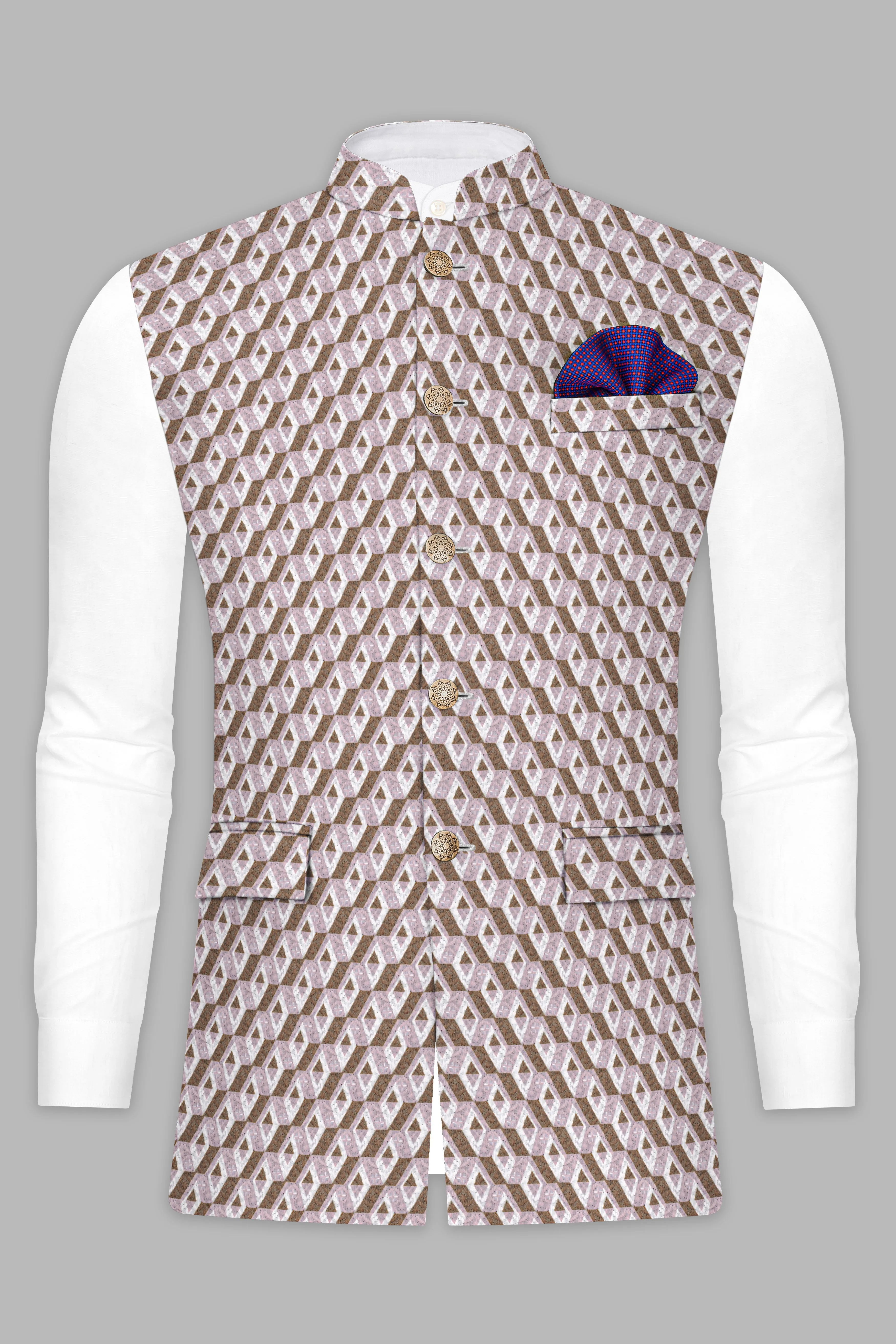 Albescent Cream With Clam Shell Pink And Roman Coffee Brown 3D Box Quilt Embroidered Nehru Jacket