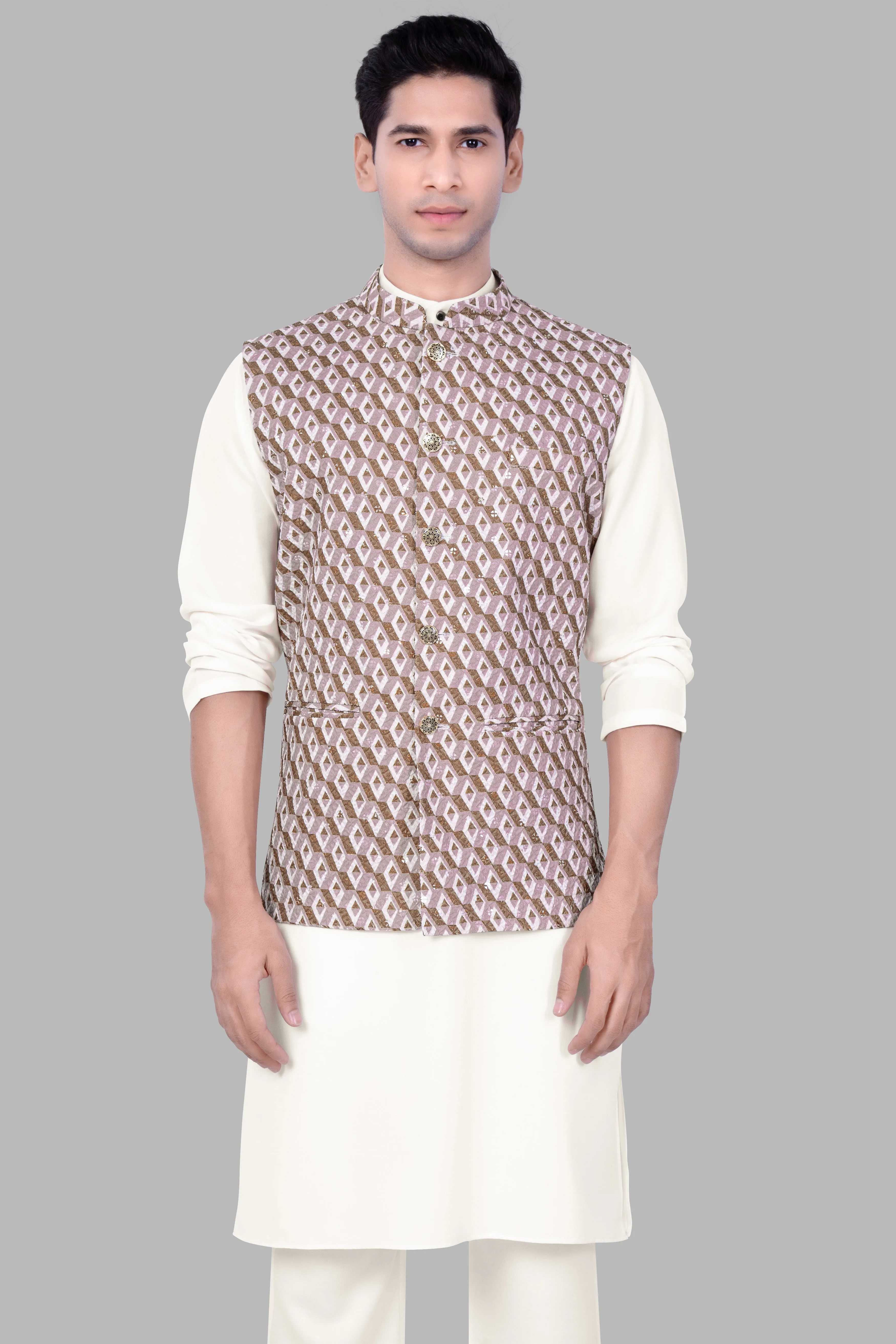 Albescent Cream With Clam Shell Pink And Roman Coffee Brown 3D Box Quilt Embroidered Nehru Jacket