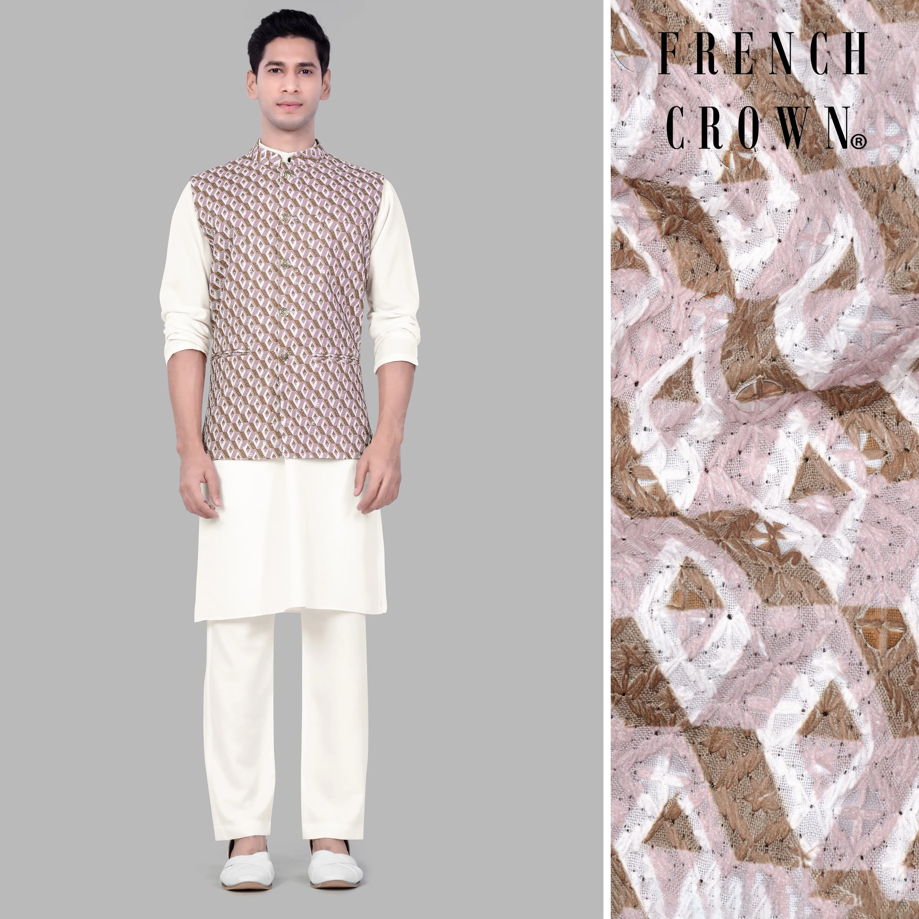 Albescent Cream With Clam Shell Pink And Roman Coffee Brown 3D Box Quilt Embroidered Nehru Jacket