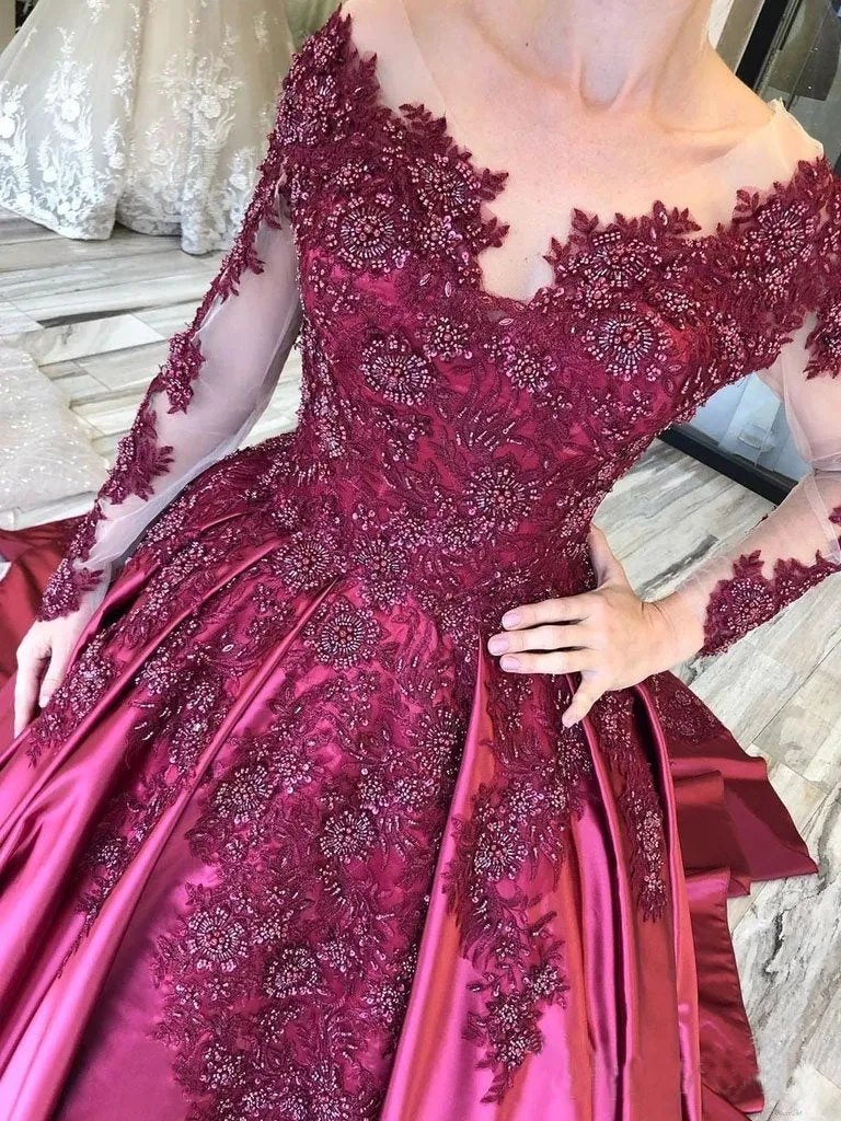 Ball Gown Long Sleeves Burgundy Satin Beads Prom Dresses with Appliques, Quinceanera Dress STK15498