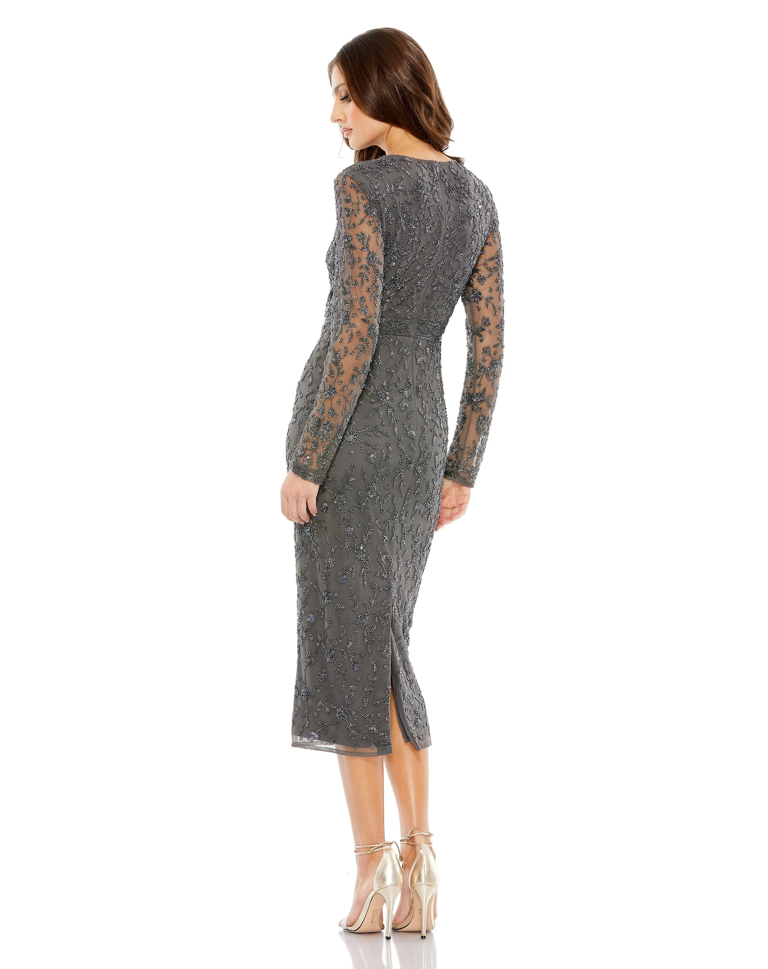 Beaded Tea Length Dress w/ Sheer Sleeves