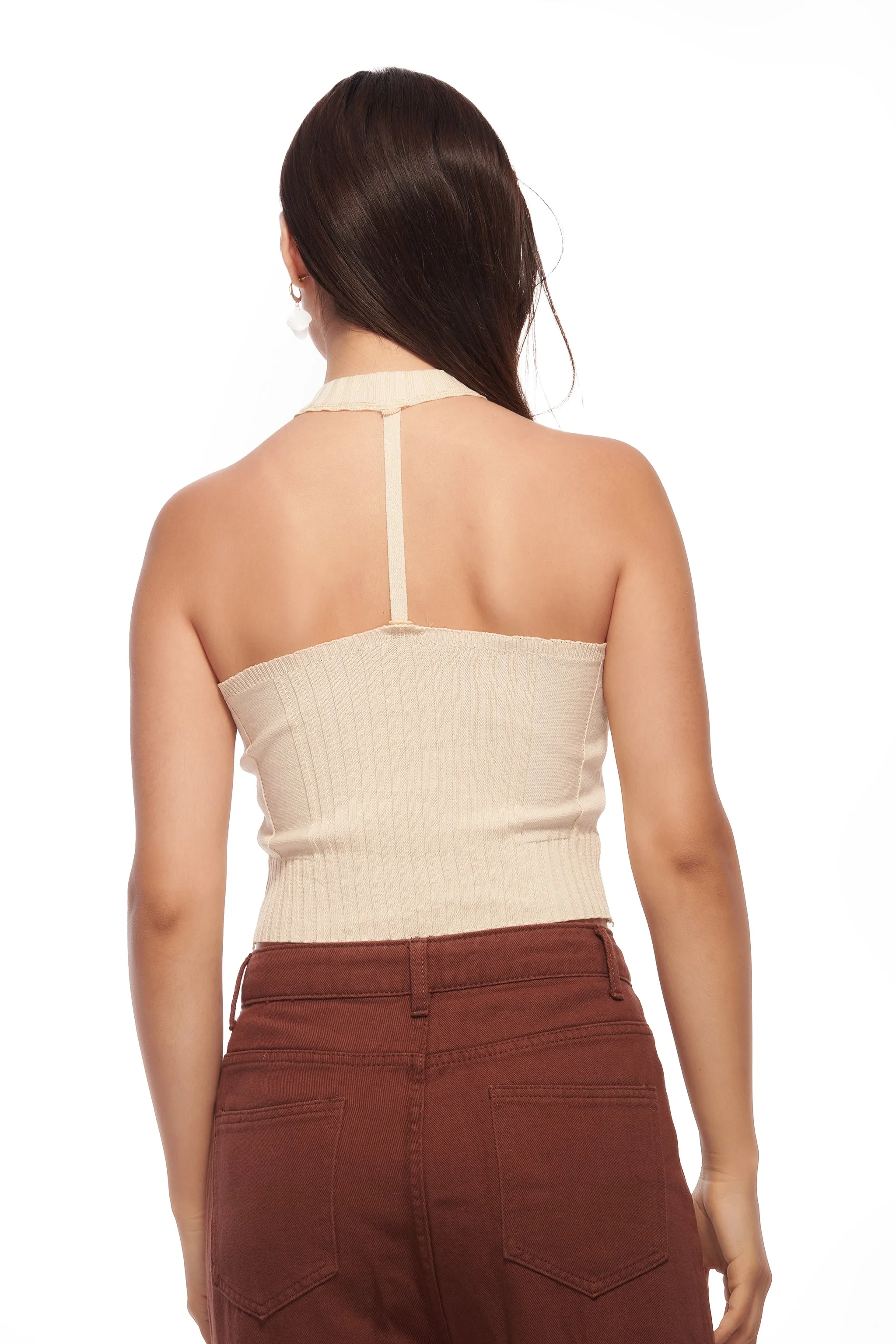 Beige Knit Zipper Front Crop Top