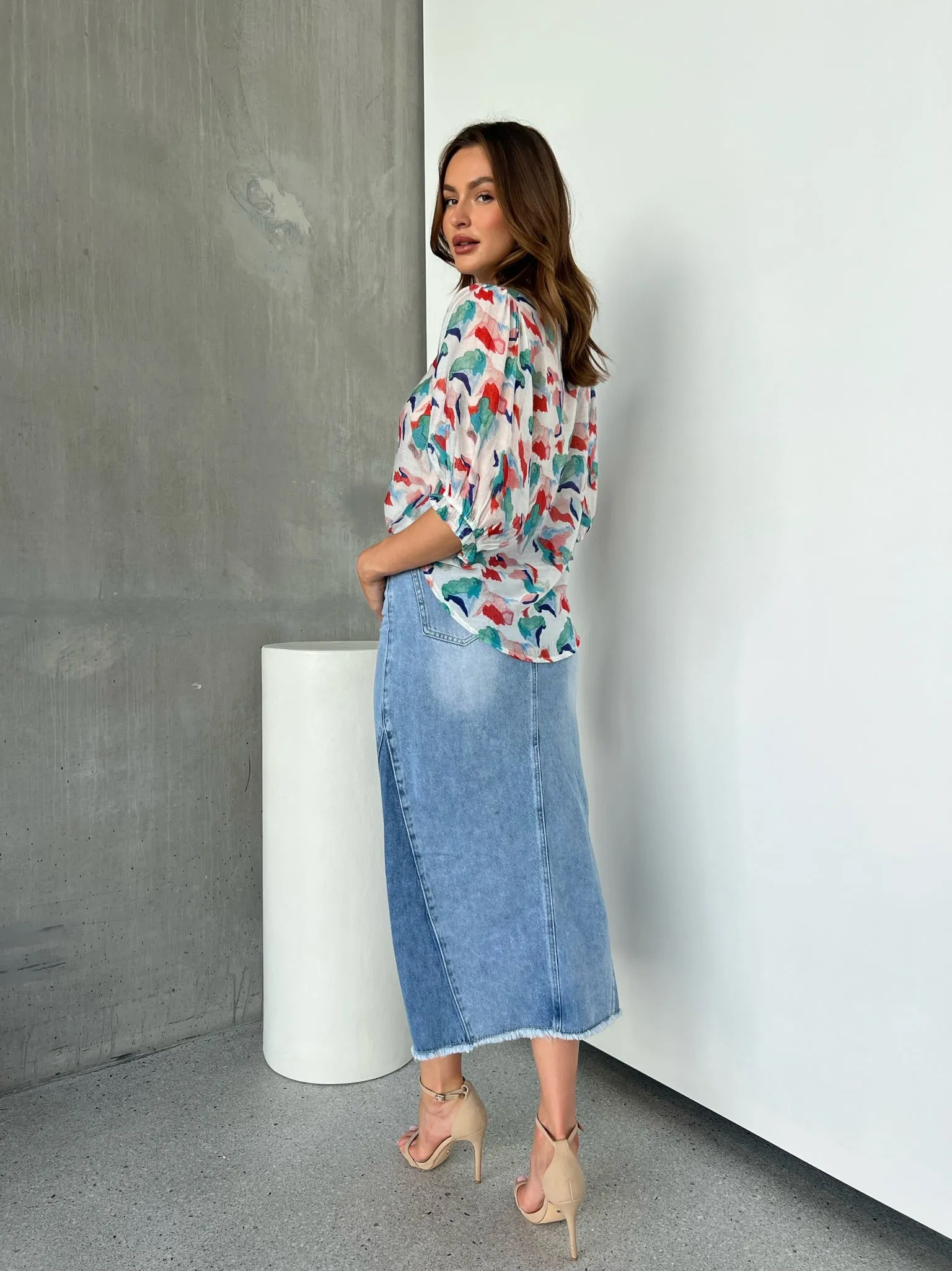 Bella Light Wash Split Front Denim Midi Skirt