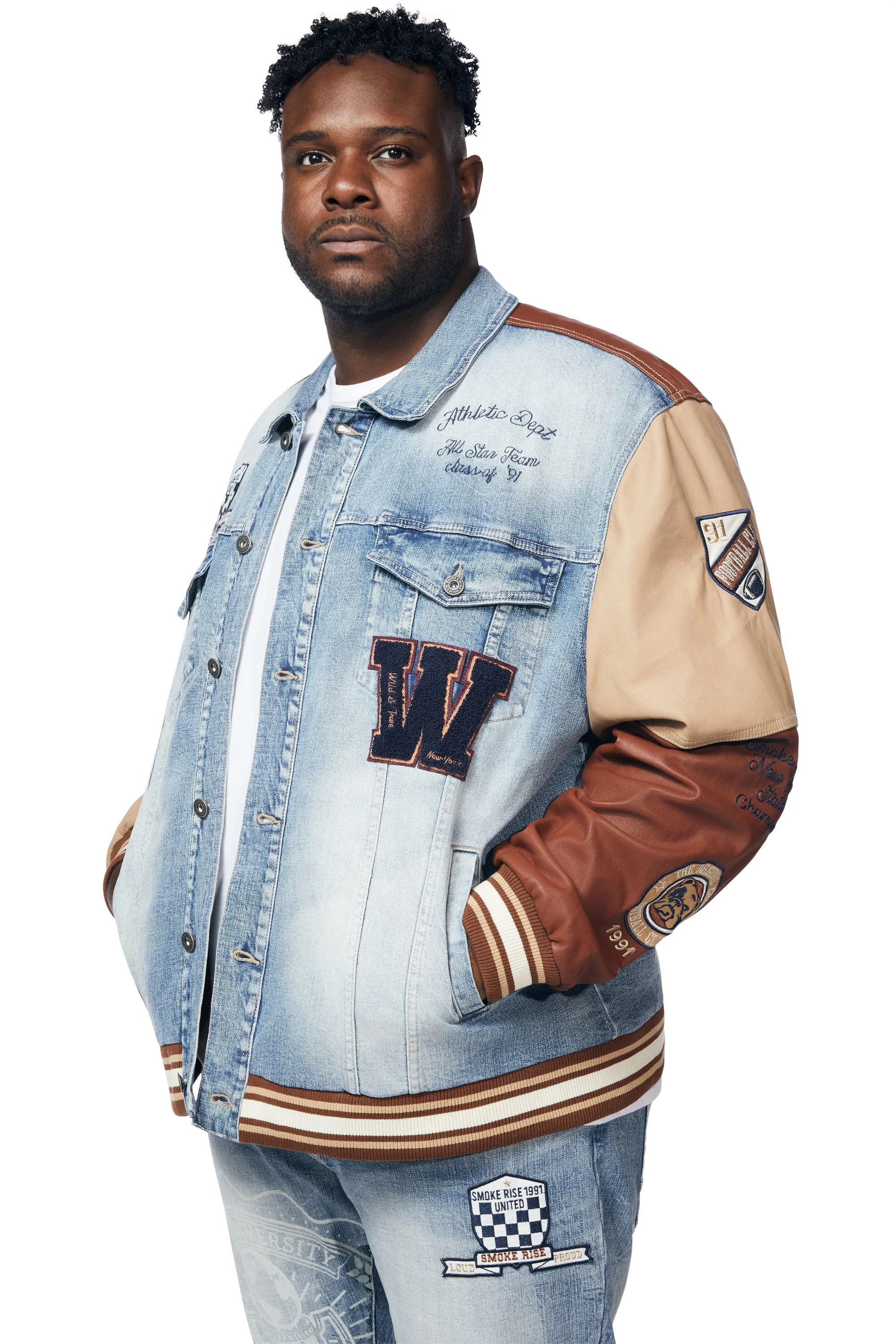 Big and Tall Jean Varsity Jacket - Canal Blue