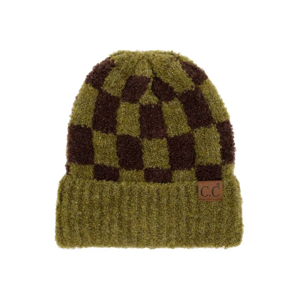 C.C Checkered Pattern Boucle Cuff Beanie