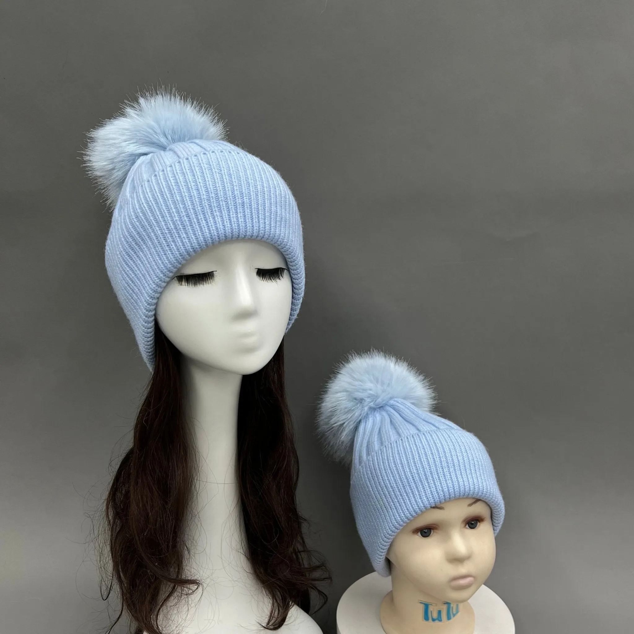 Childrens Baby Blue Faux Fur Bobble Hat