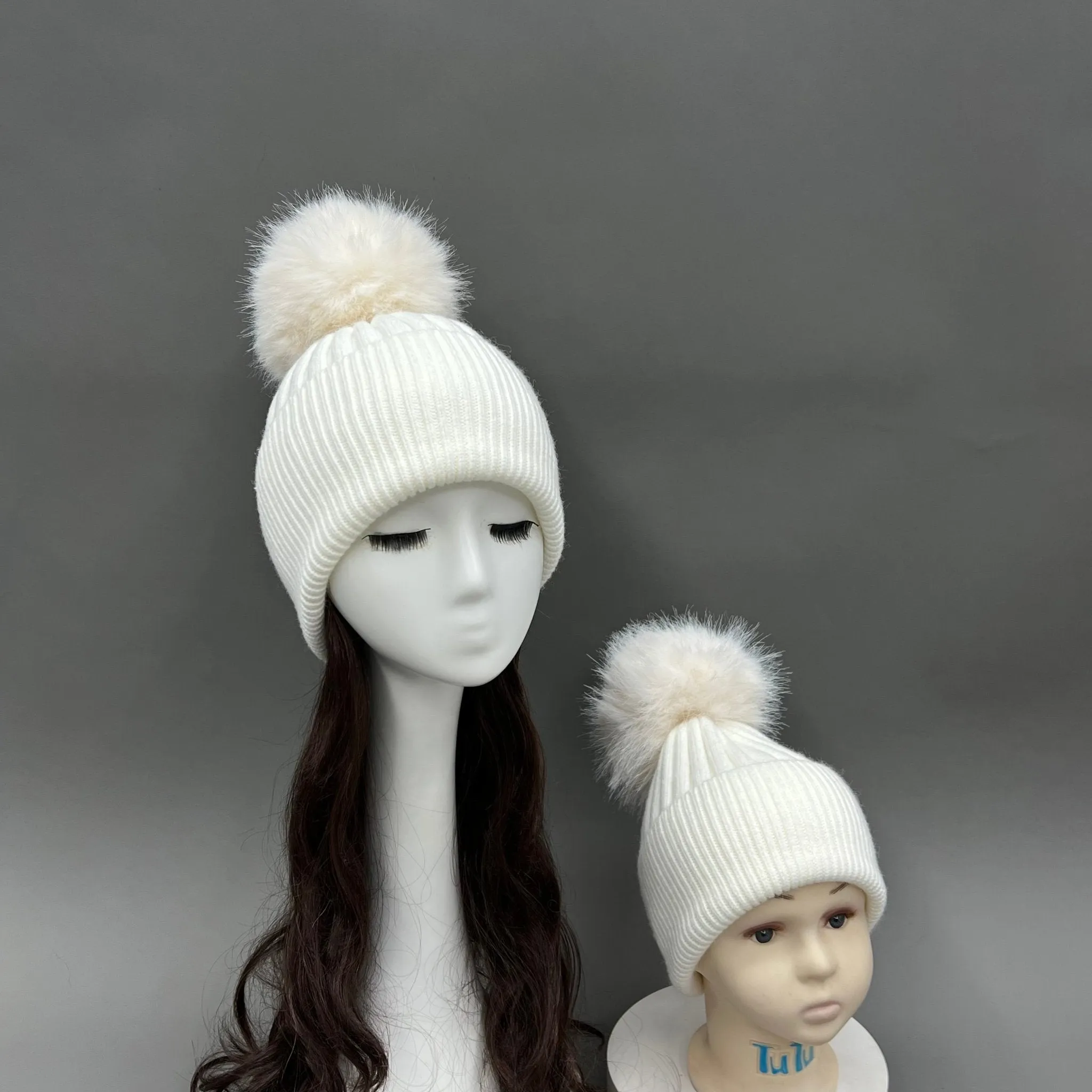 Childrens Cream Faux Fur Bobble Hat