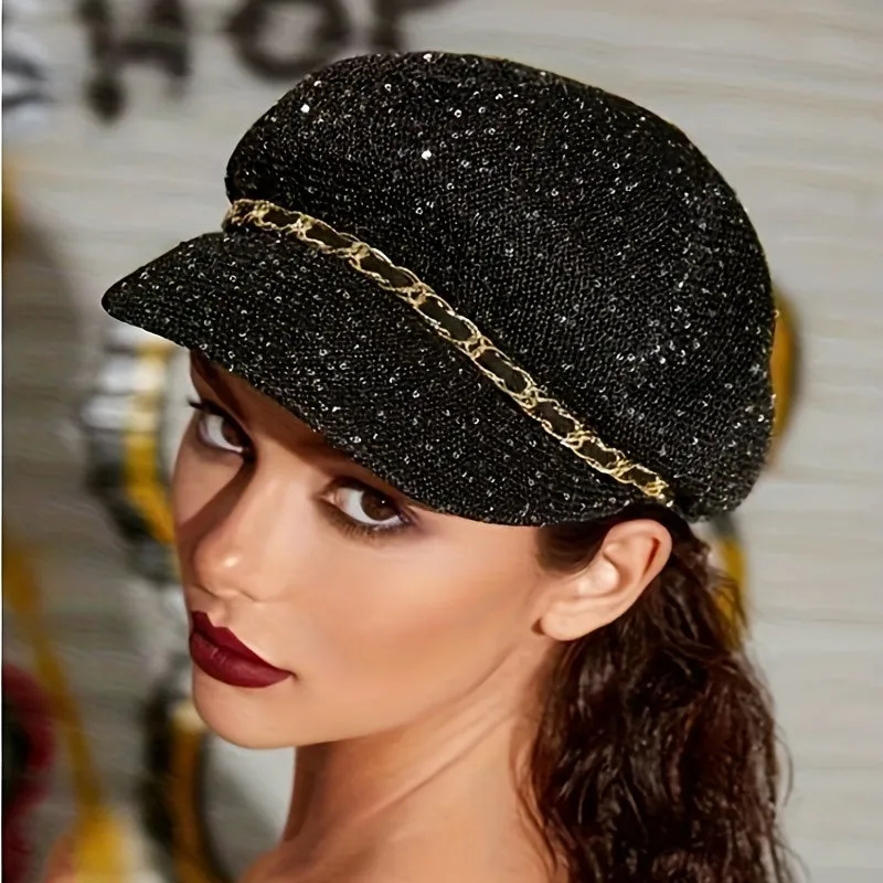 Classic French Style Beret Hat - Breathable, Lightweight, Rhinestone Decorated, Stripe Pattern, Polyester Knit, Inelastic, Perfect for Bachelor Party, Daily Use, and Special Occasions