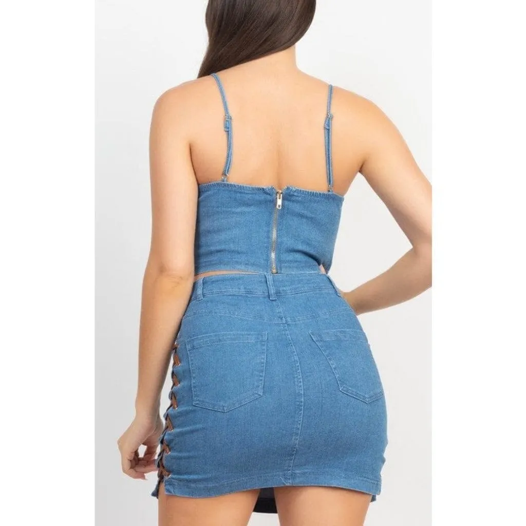 Corset & Split Denim Mini Skirt Set