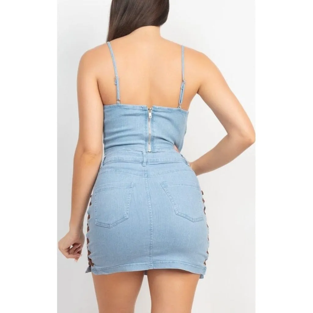 Corset & Split Denim Mini Skirt Set