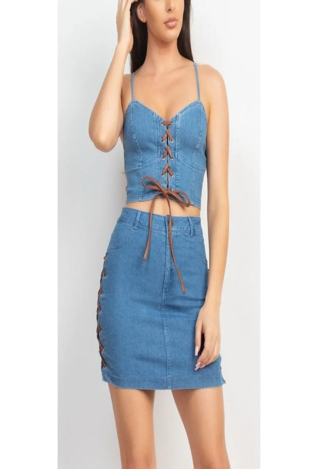 Corset & Split Denim Mini Skirt Set