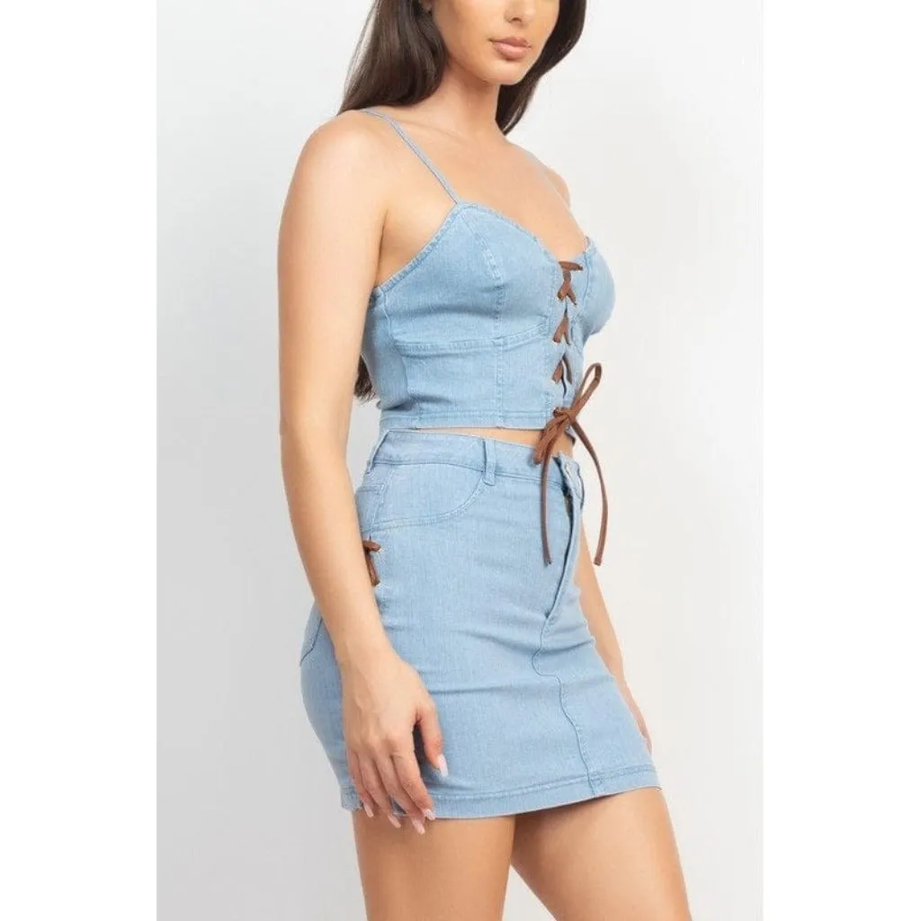 Corset & Split Denim Mini Skirt Set