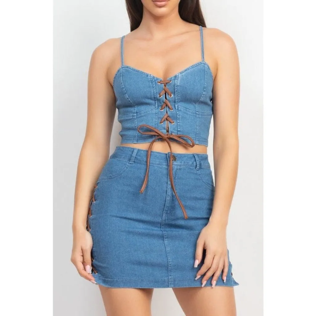 Corset & Split Denim Mini Skirt Set