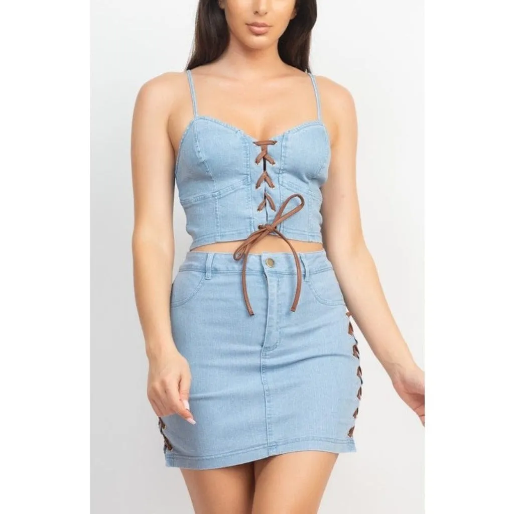 Corset & Split Denim Mini Skirt Set