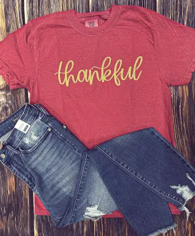 Crimson {THANKFUL} Metallic Ink Crimson Crew Neck Tee