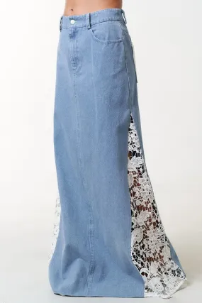 Crochet Lace Side Denim Maxi Skirt