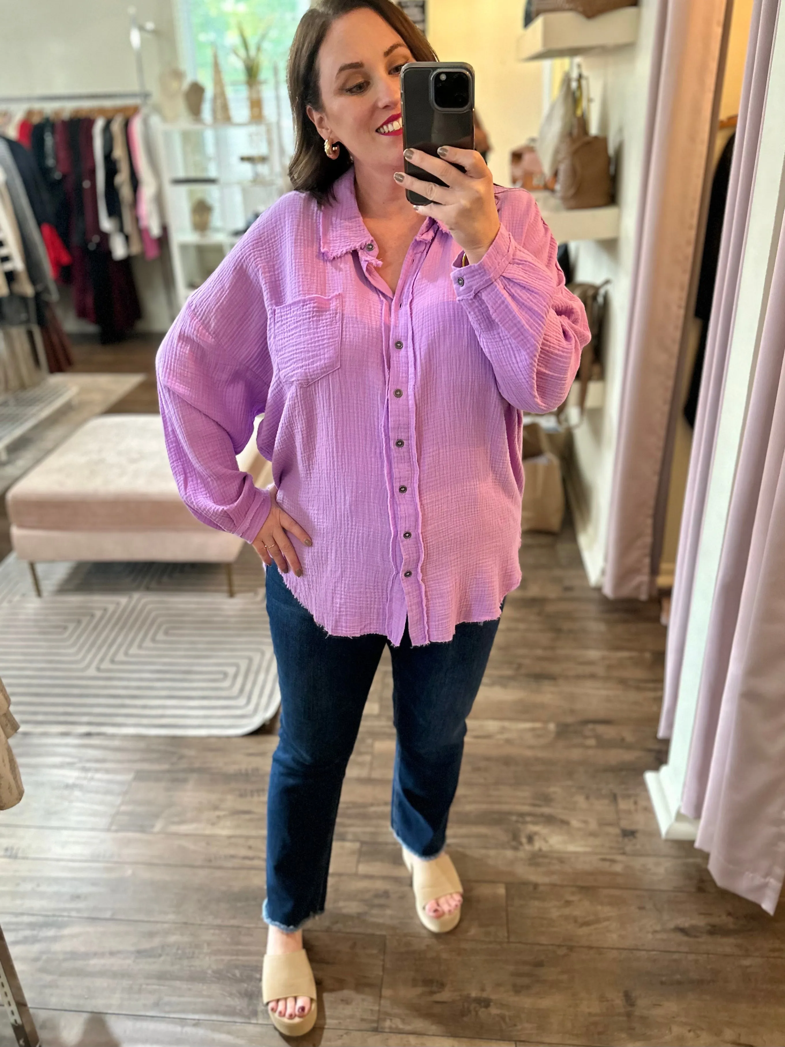 Curvy Lavender Gauze Button Down