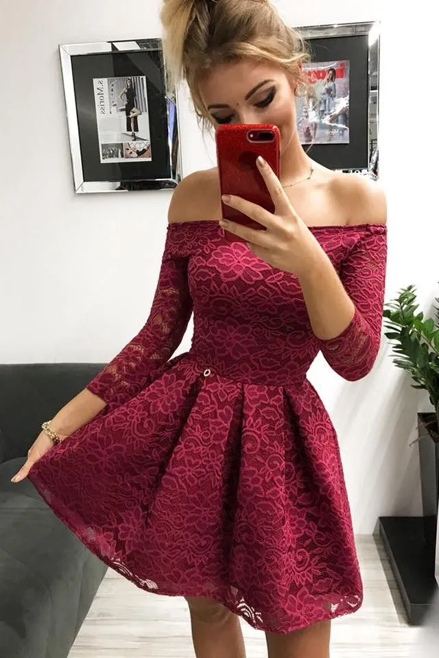 Cute Off the Shoulder Long Sleeves Burgundy Lace Homecoming Dresses Sweet 16 Dresses STK14972