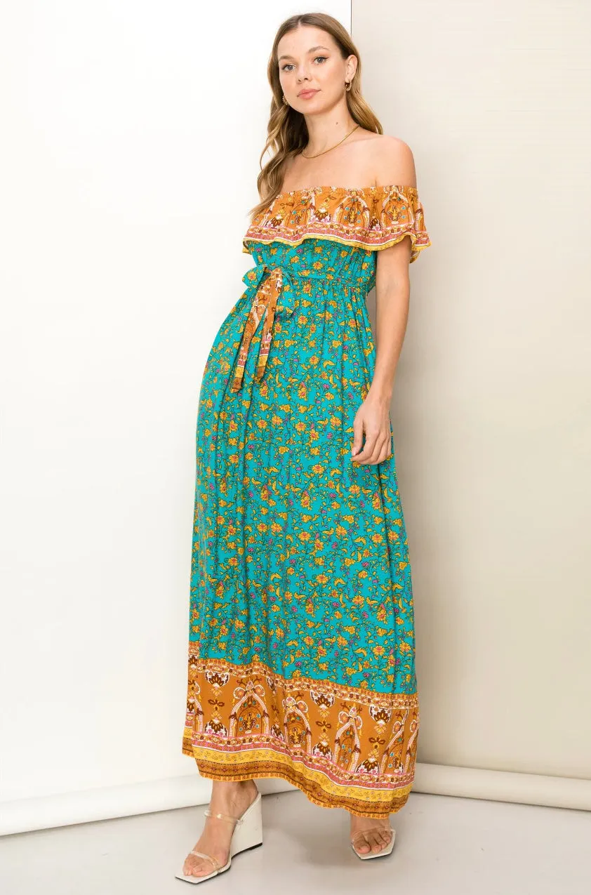 DANCE WITH ME BORDER PRINT STRAPLESS MAXI DRESS