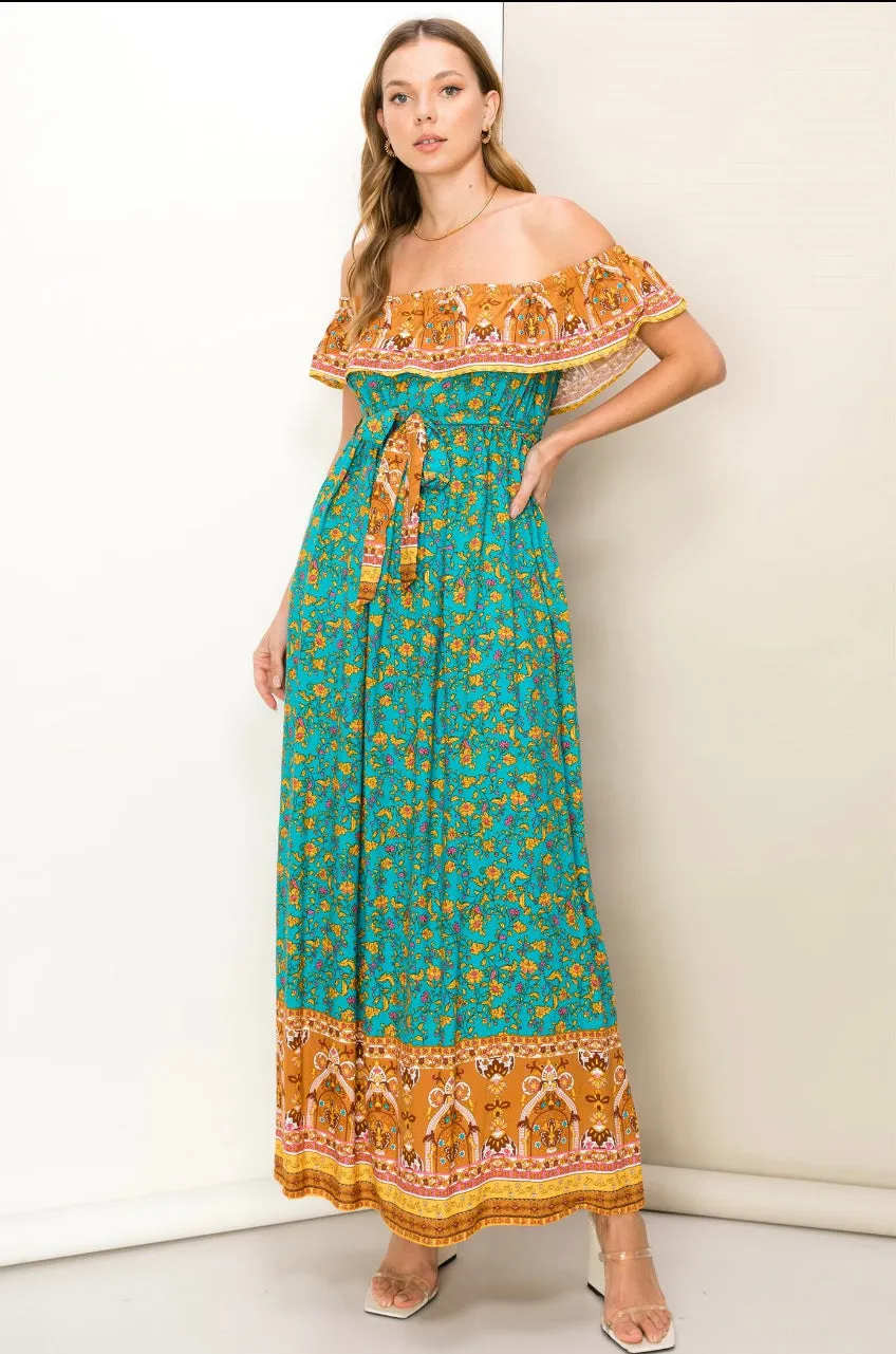 DANCE WITH ME BORDER PRINT STRAPLESS MAXI DRESS