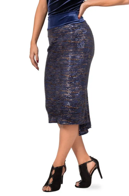 Dark Blue Paillette Fishtail Skirt With Velvet Waistband