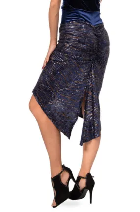 Dark Blue Paillette Fishtail Skirt With Velvet Waistband