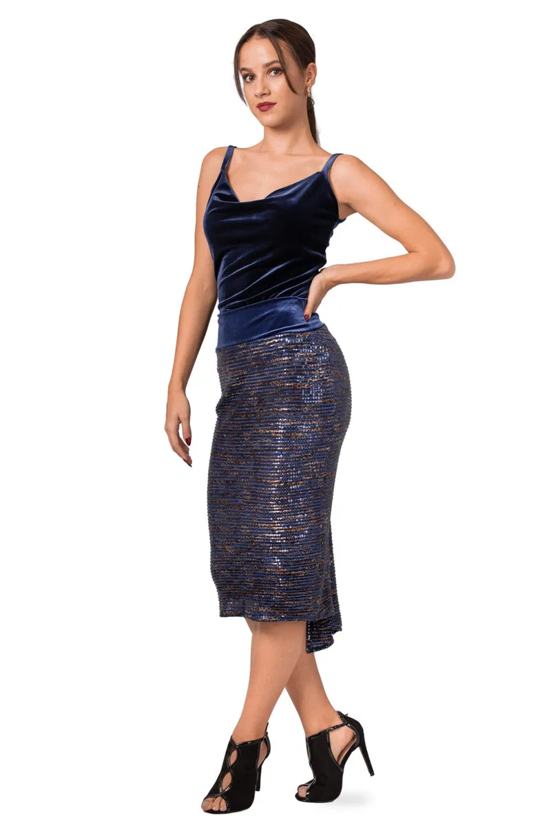 Dark Blue Paillette Fishtail Skirt With Velvet Waistband