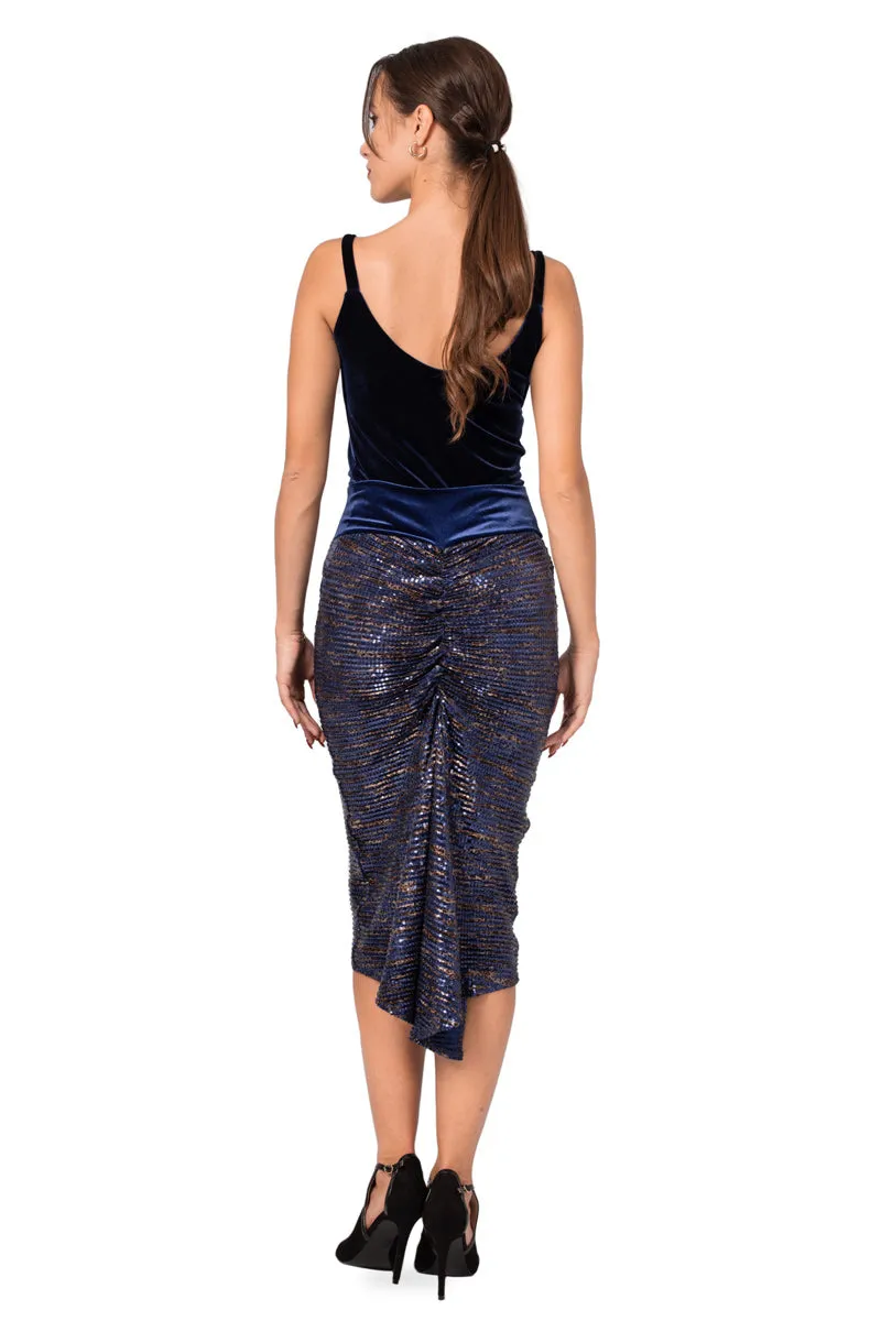 Dark Blue Paillette Fishtail Skirt With Velvet Waistband