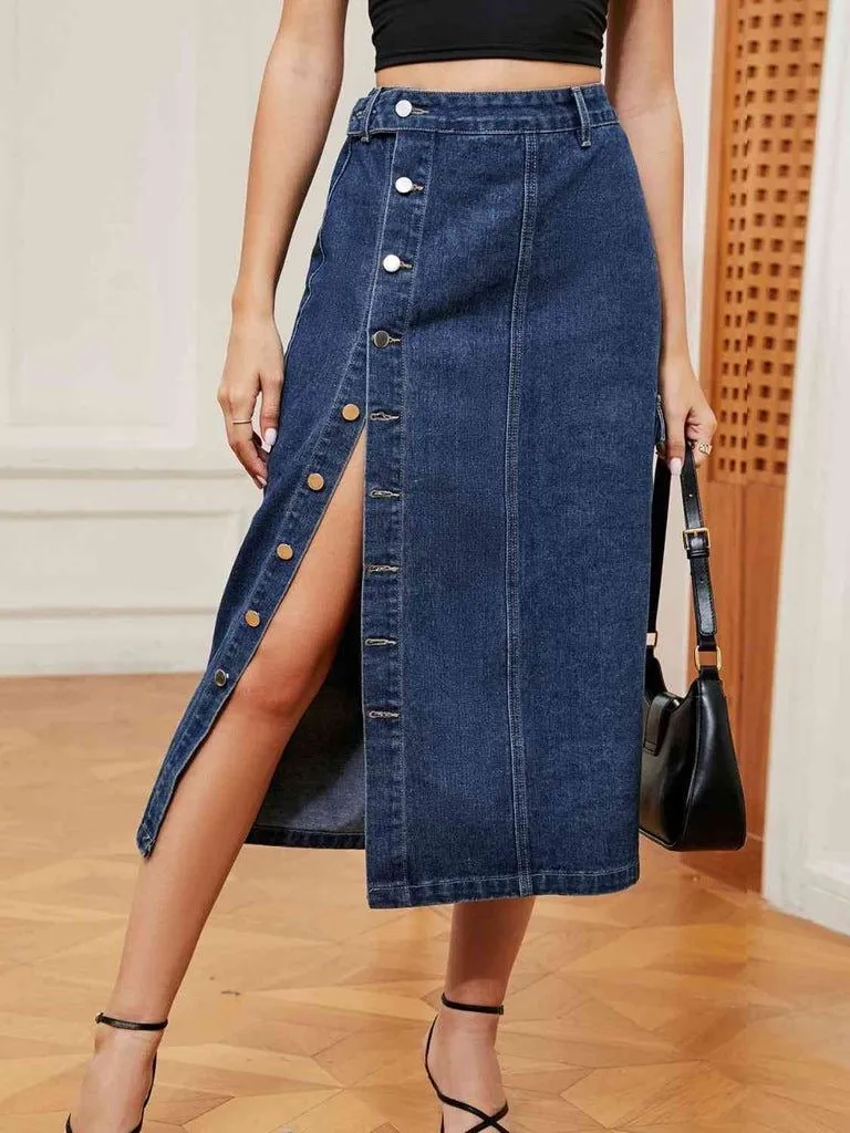 Denim Front Open Midi Skirt