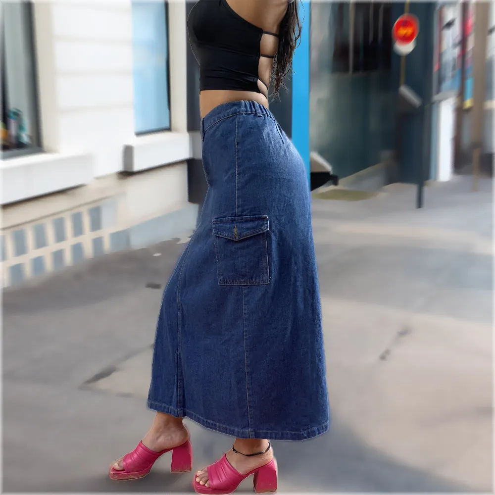 Denim Front Open Midi Skirt