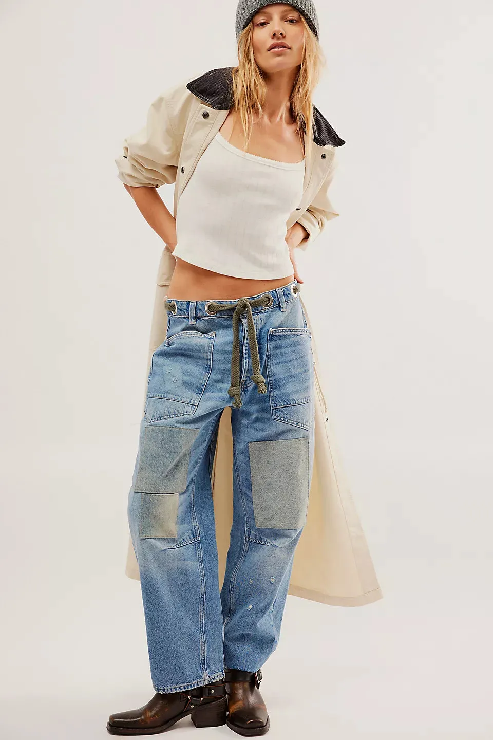 Free People Moxie Low Slung Pull On Barrel Jeans