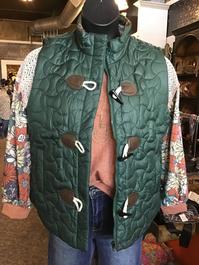 Green Quilted Toggle Button Vest - SML