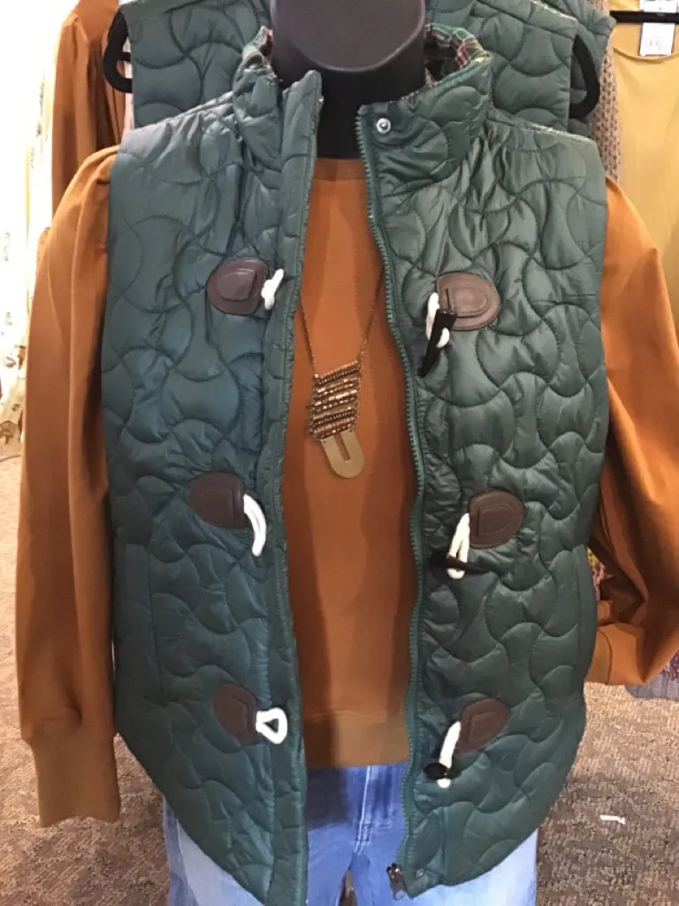 Green Quilted Toggle Button Vest - SML