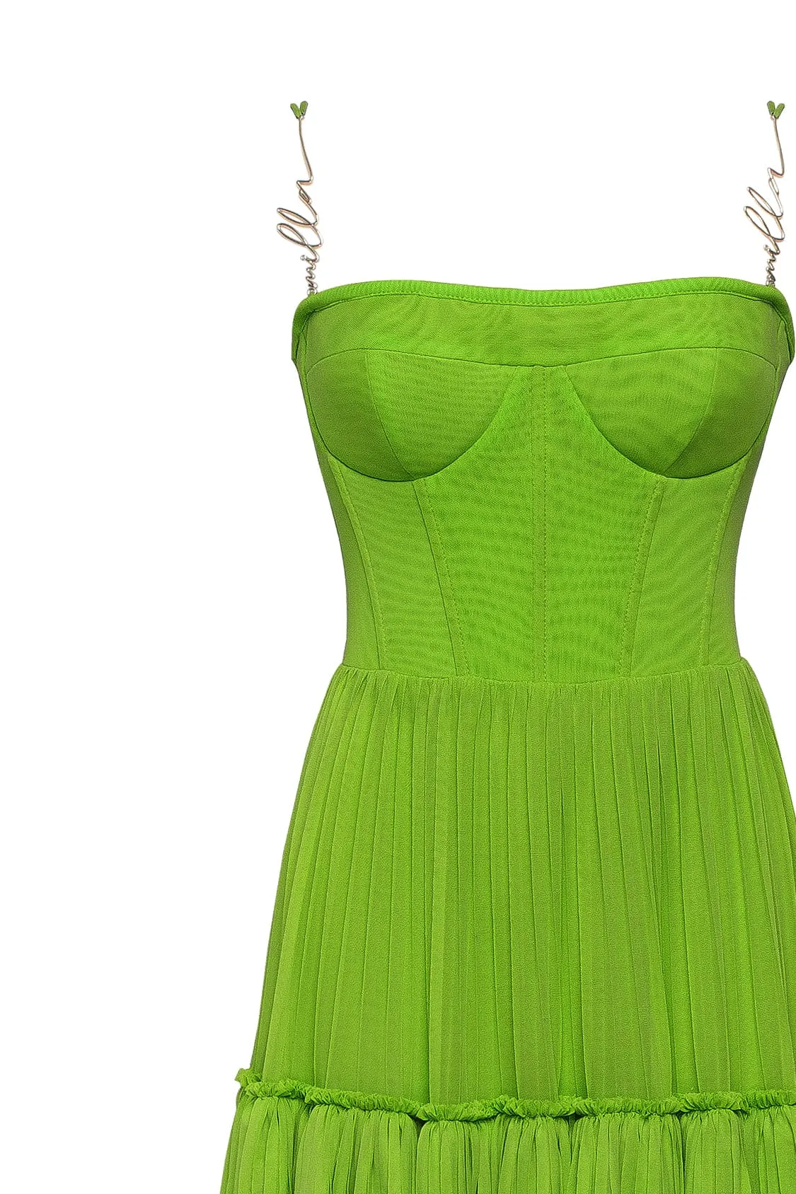 Green spaghetti strap pleated maxi dress, Garden of Eden