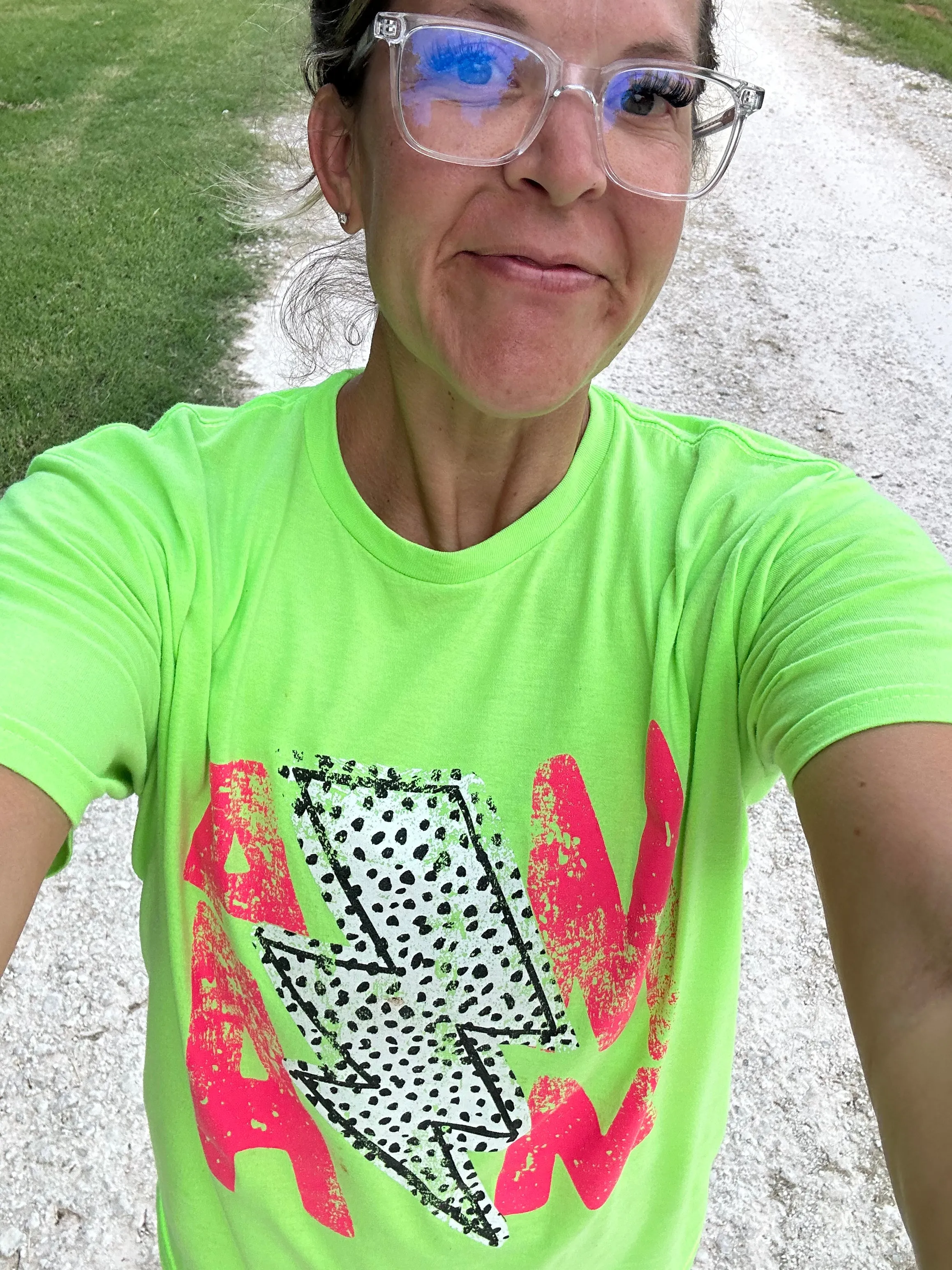 {HOT MAMA} Mama Lightning Bolt Neon Heather Green Crew Neck Tee