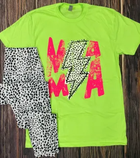 {HOT MAMA} Mama Lightning Bolt Neon Heather Green Crew Neck Tee