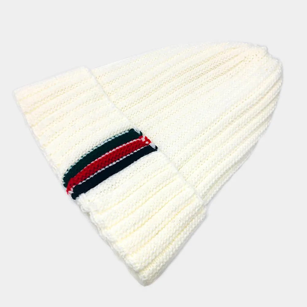 Knit Beanie Hat with Red and Green Stripe