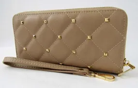 Large Wristlet Taupe Stud Accent Double Zipper