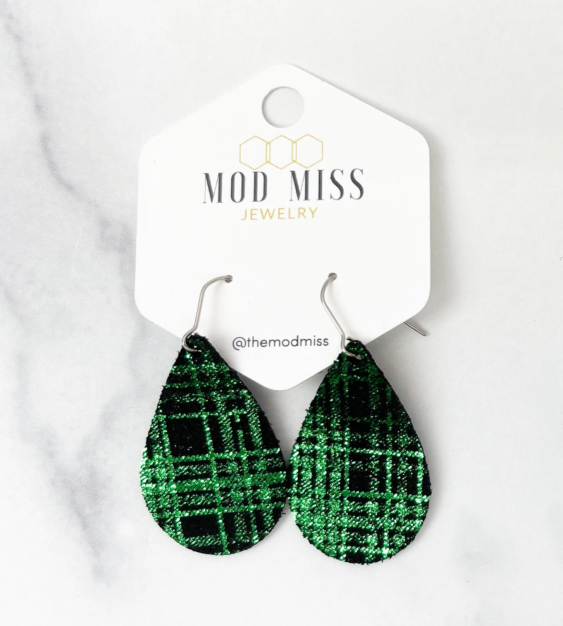 Leather Teardrop Earring Buffalo Plaid Green Shiny