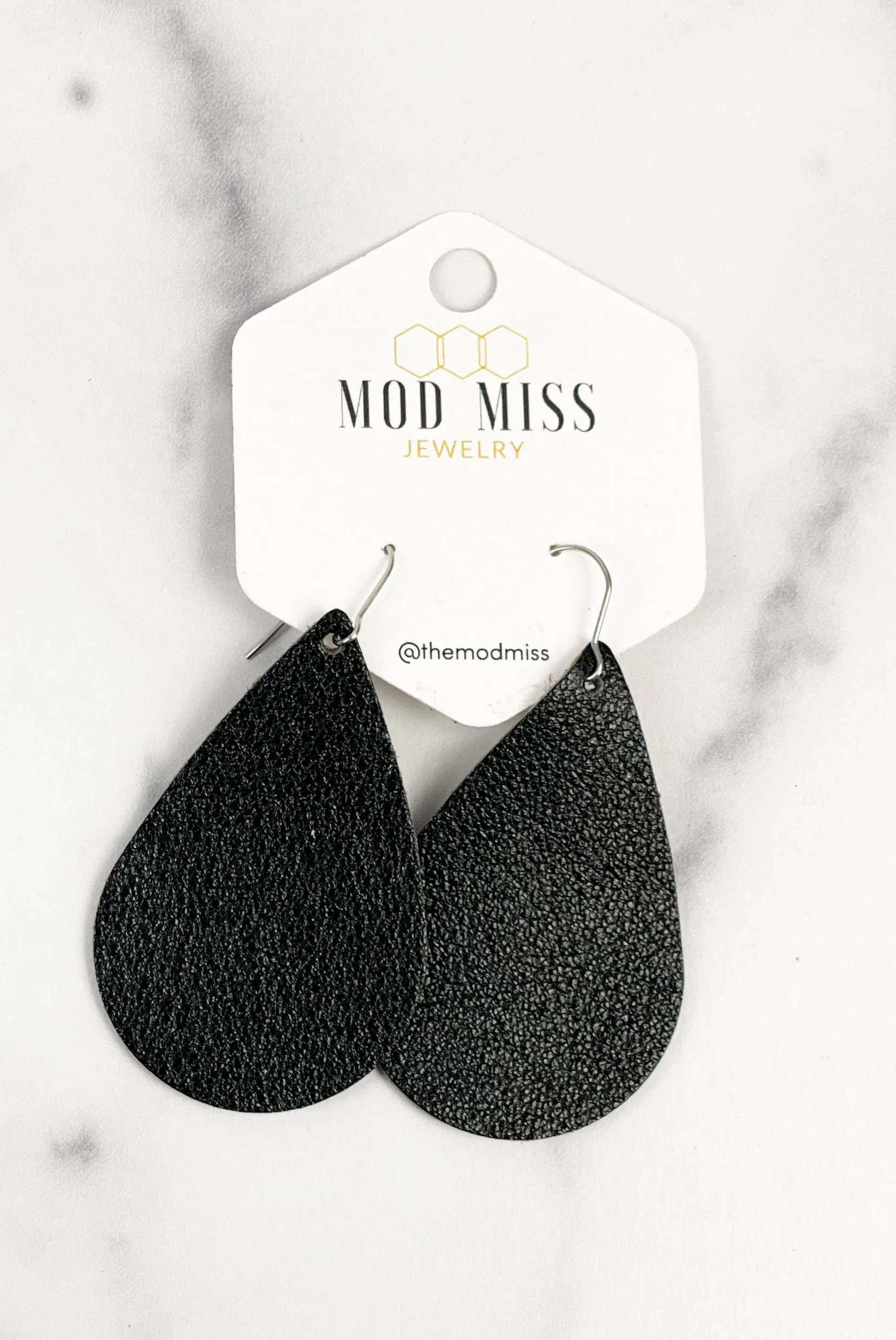 Leather Teardrop Earring Metallic Black