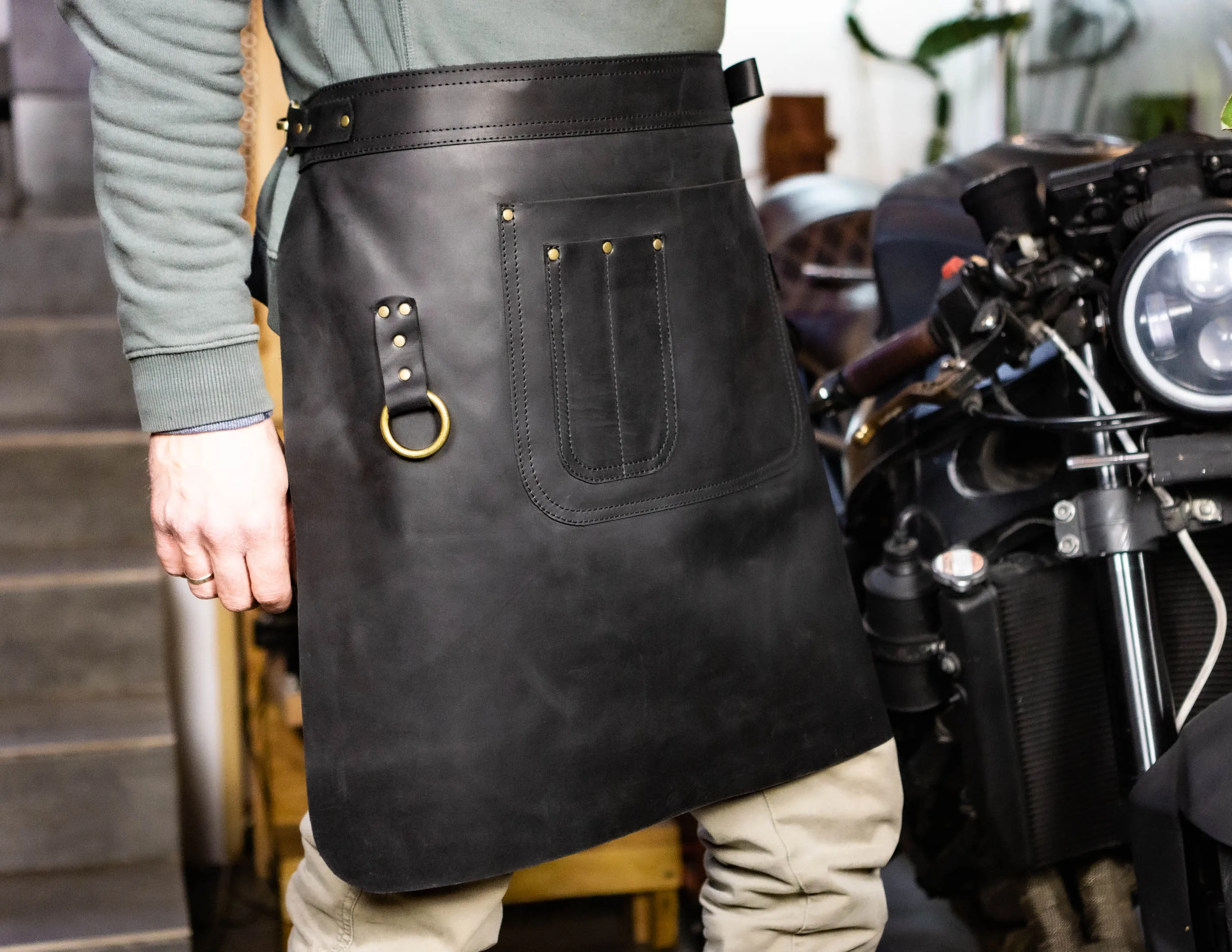 Leather waist half apron | Total black genuine leather