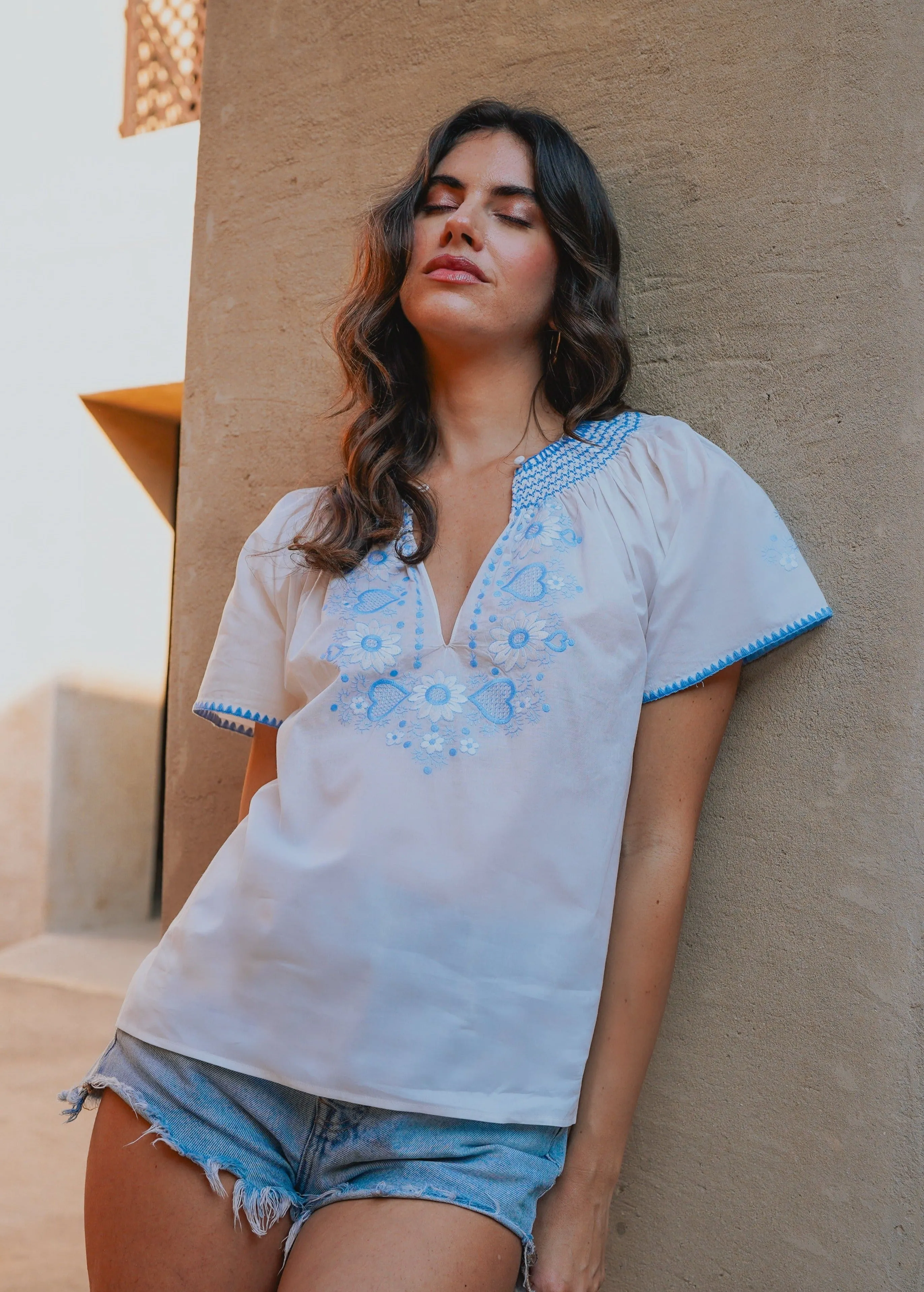 Love Embroidered Cotton Top | Blue