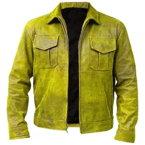 Mens Yellow Real Vintage Distressed Biker Cafe Racer Leather Jacket