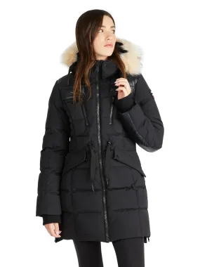 Pajar Womens Alia Mixed Media Quilted Parka with Det Hood Fur Trim - BLACK