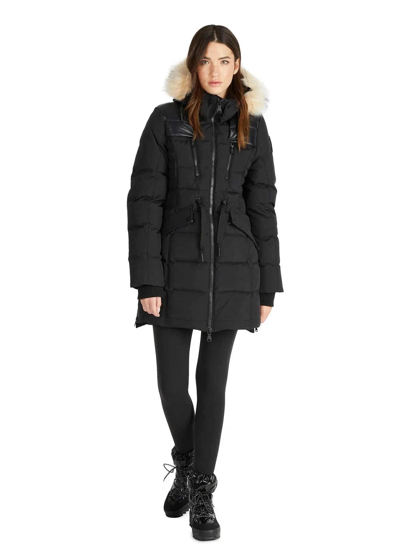 Pajar Womens Alia Mixed Media Quilted Parka with Det Hood Fur Trim - BLACK