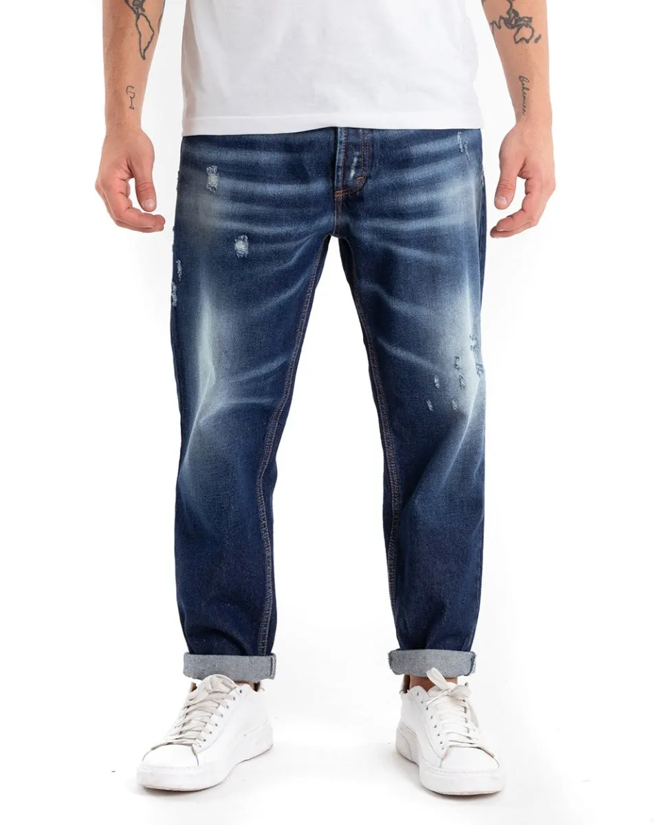 Pantaloni Jeans Uomo Loose Fit Denim Scuro Con Rotture Stone Washed GIOSAL-P5446A