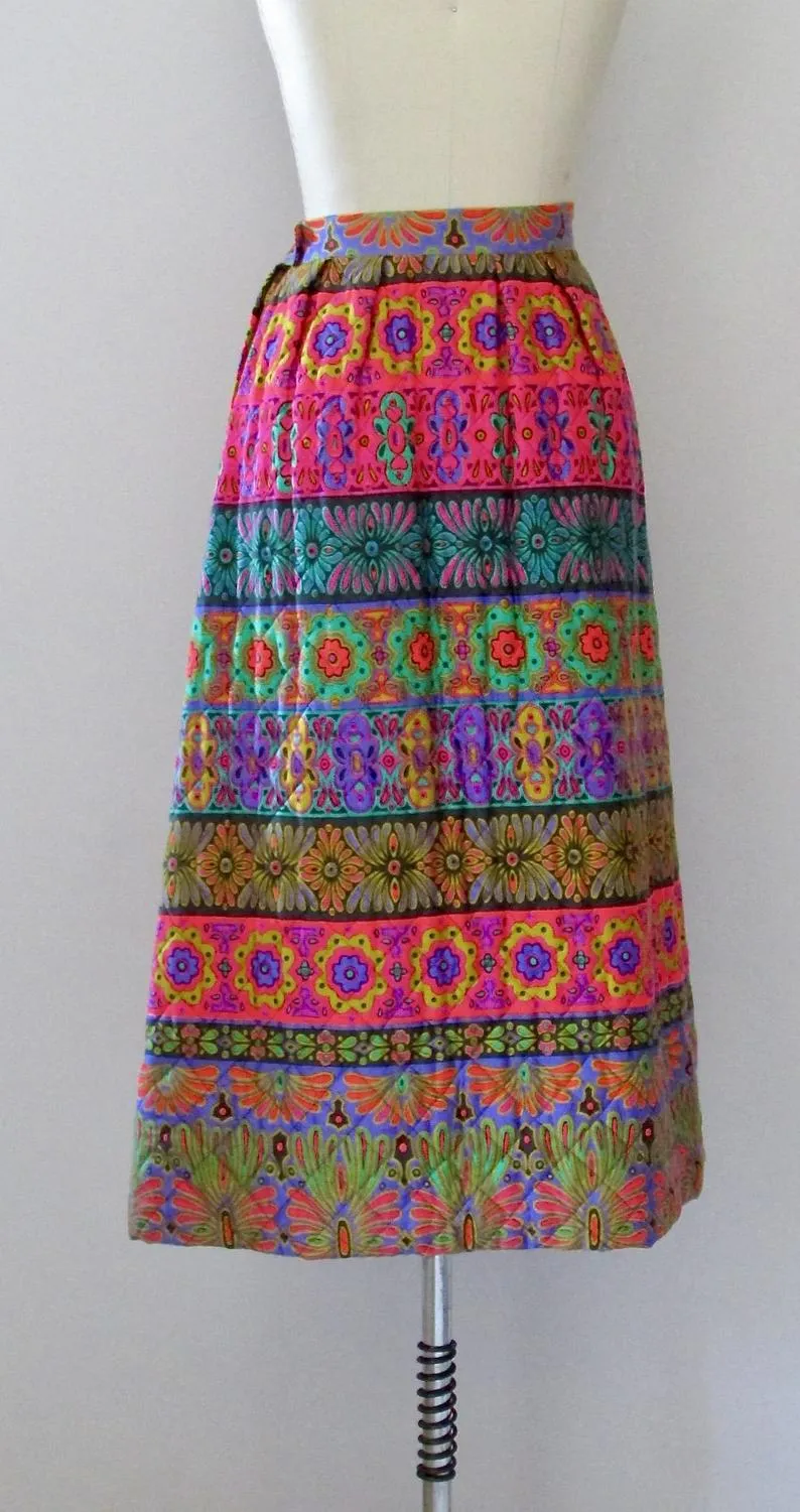 PSYCHEDELIC CHIC 1960s Quilted Acid Floral Print Midi Skirt, Sz Small