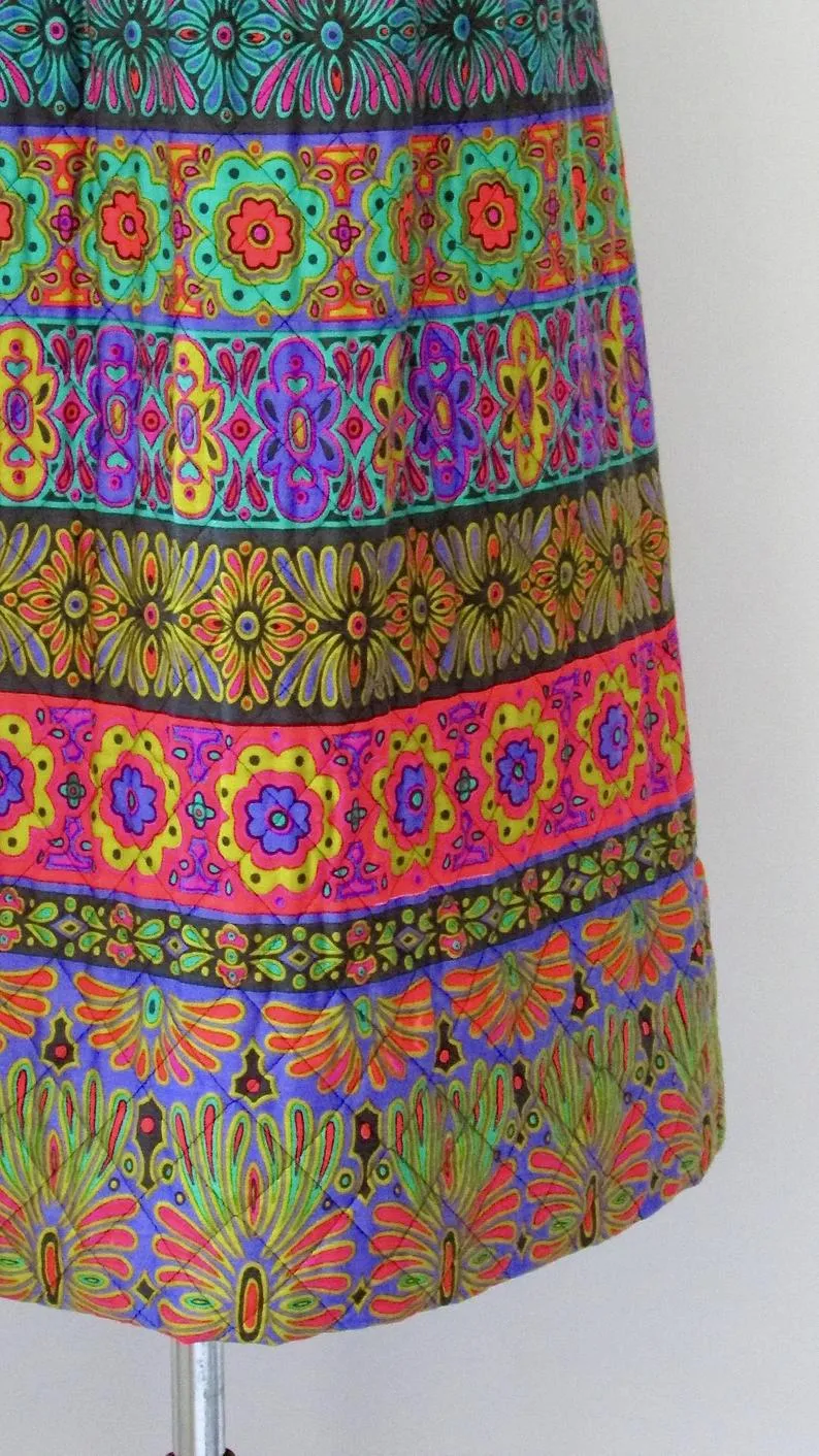 PSYCHEDELIC CHIC 1960s Quilted Acid Floral Print Midi Skirt, Sz Small